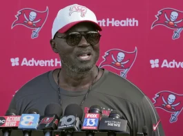 ampa Bay Buccaneers head coach Todd Bowles speaks to the media after practice at NFL football minicamp Thursday, June 12, 2025, in Tampa, Fla. (AP Photo/Chris O’Meara)